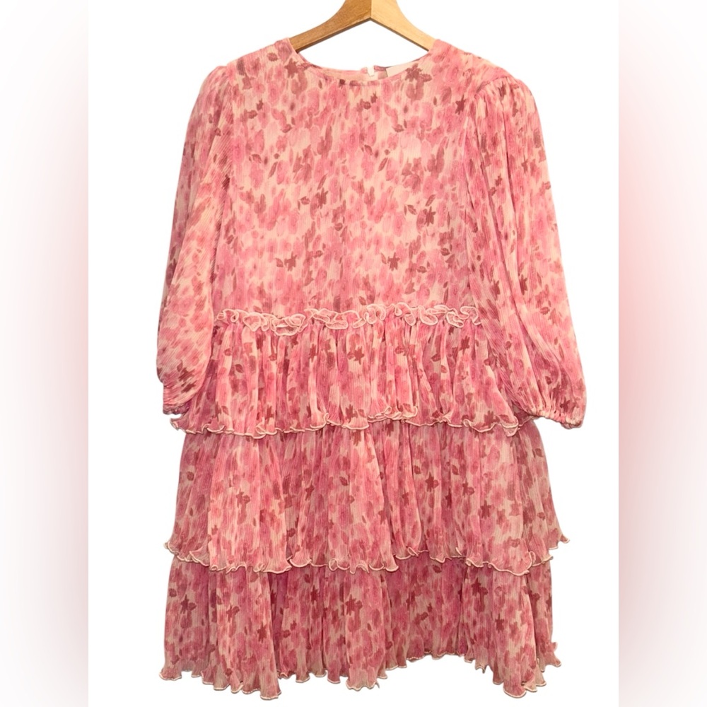 GANNI Pleated Georgette Floral Plisse 3/4 Sleeve Round Neck Tiered Mini Dress - Picture 2 of 5